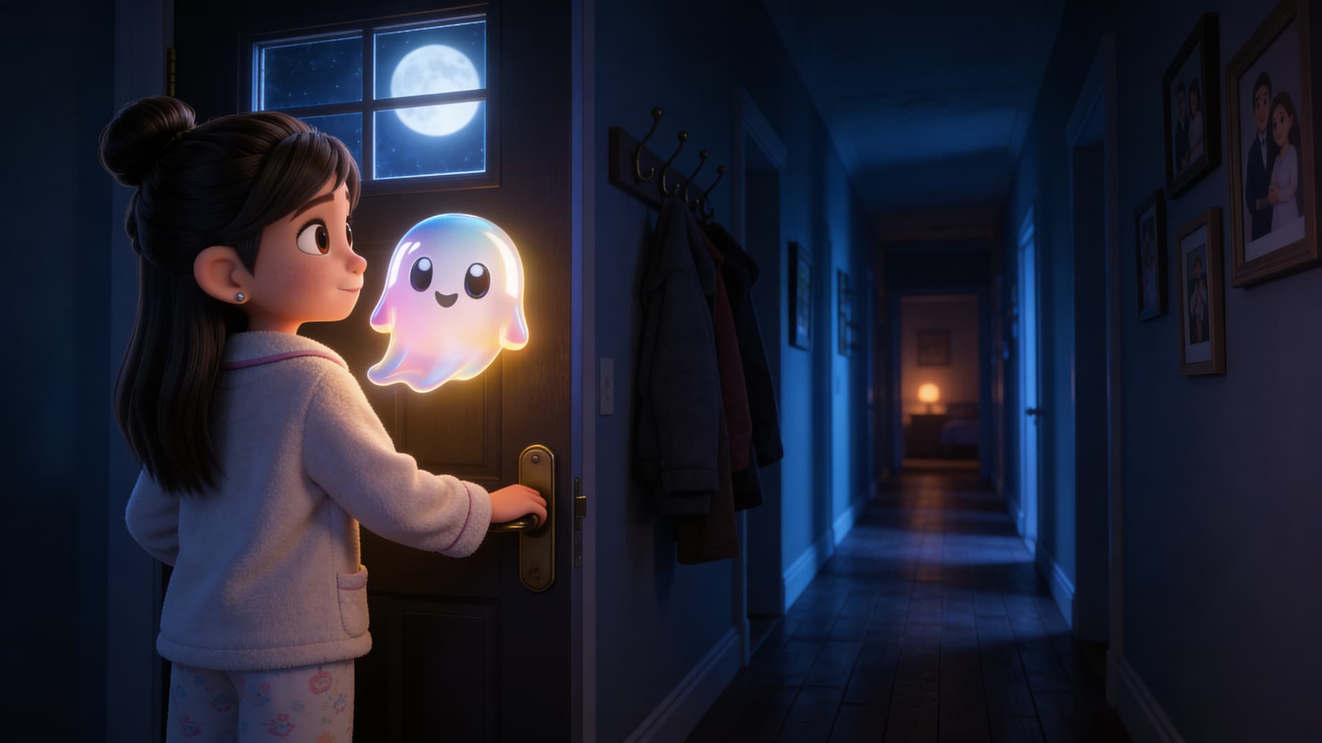 A child opening her bedroom door at night to find a glowing ghost companion