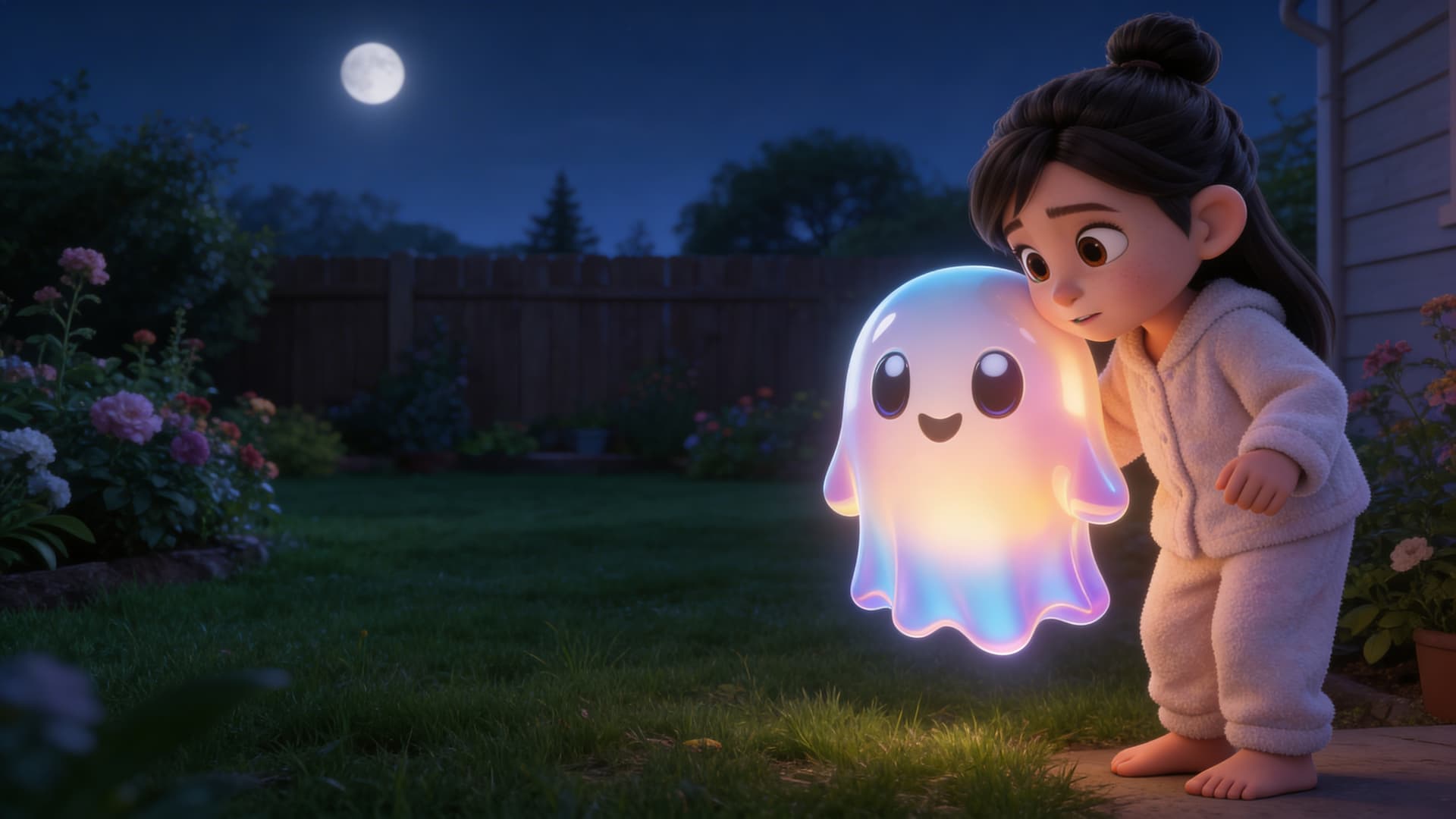 A child and glowing ghost exploring a garden together at night