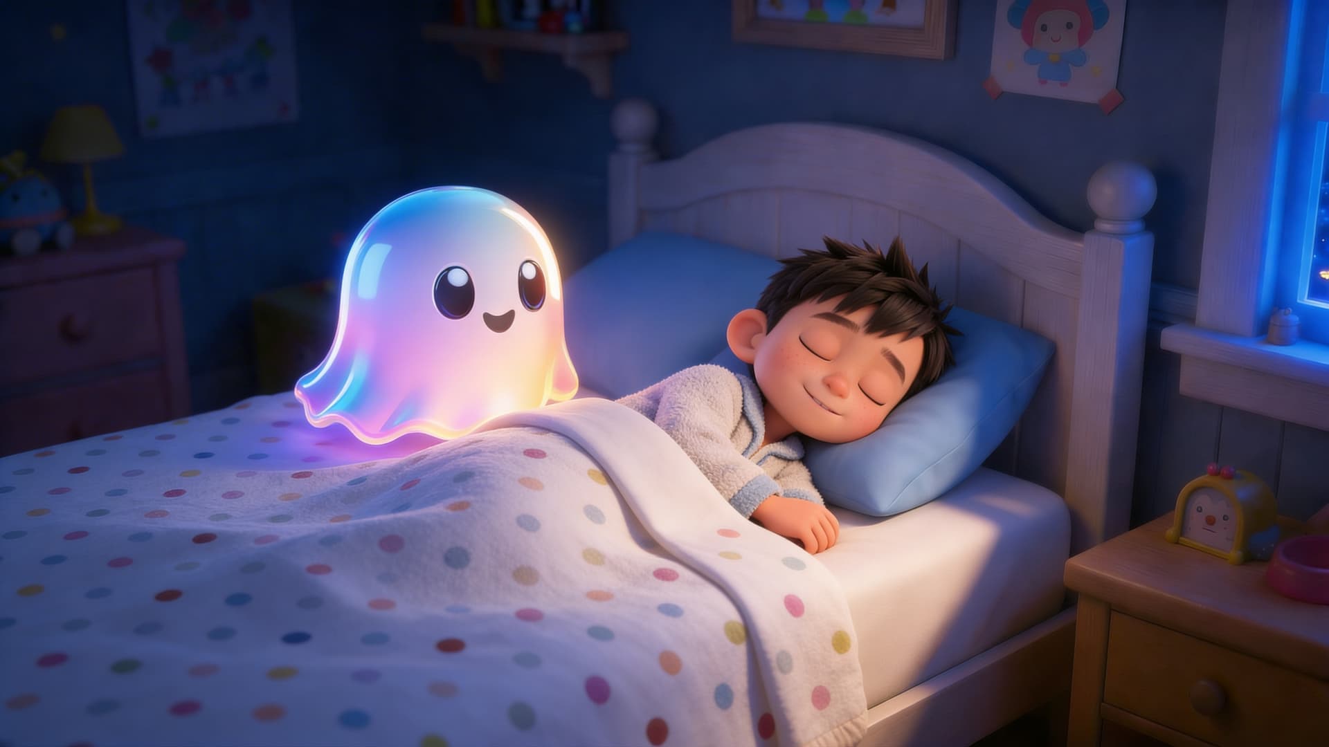 A child sleeping peacefully in bed with a gentle glowing companion nearby