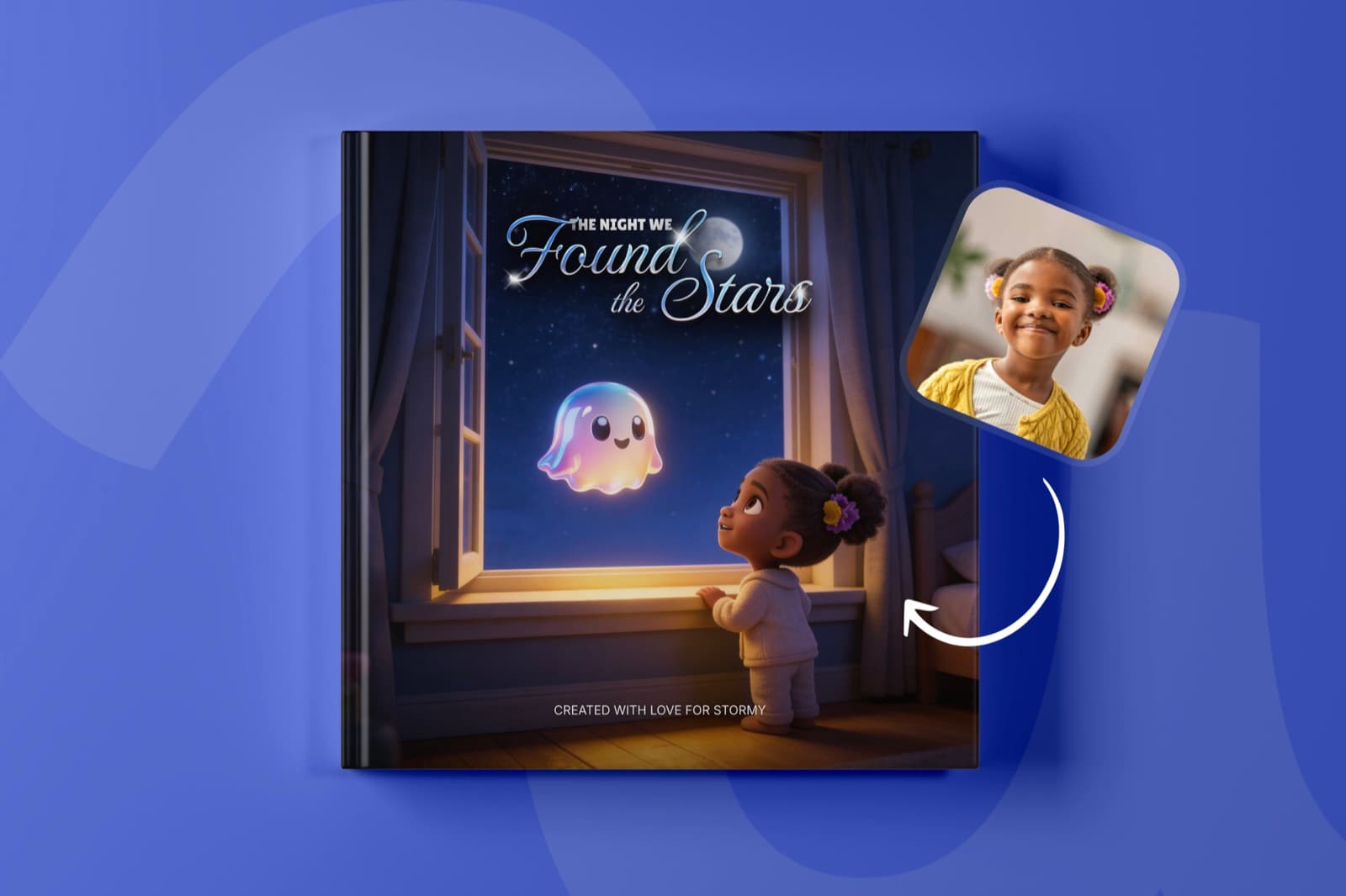 Cover with photo-to-illustration personalization on blue background