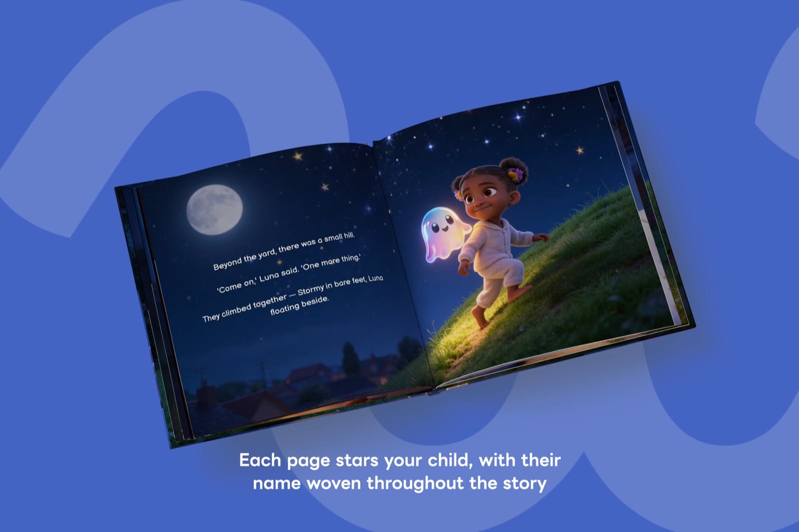 Child and Luna climbing hill under stars