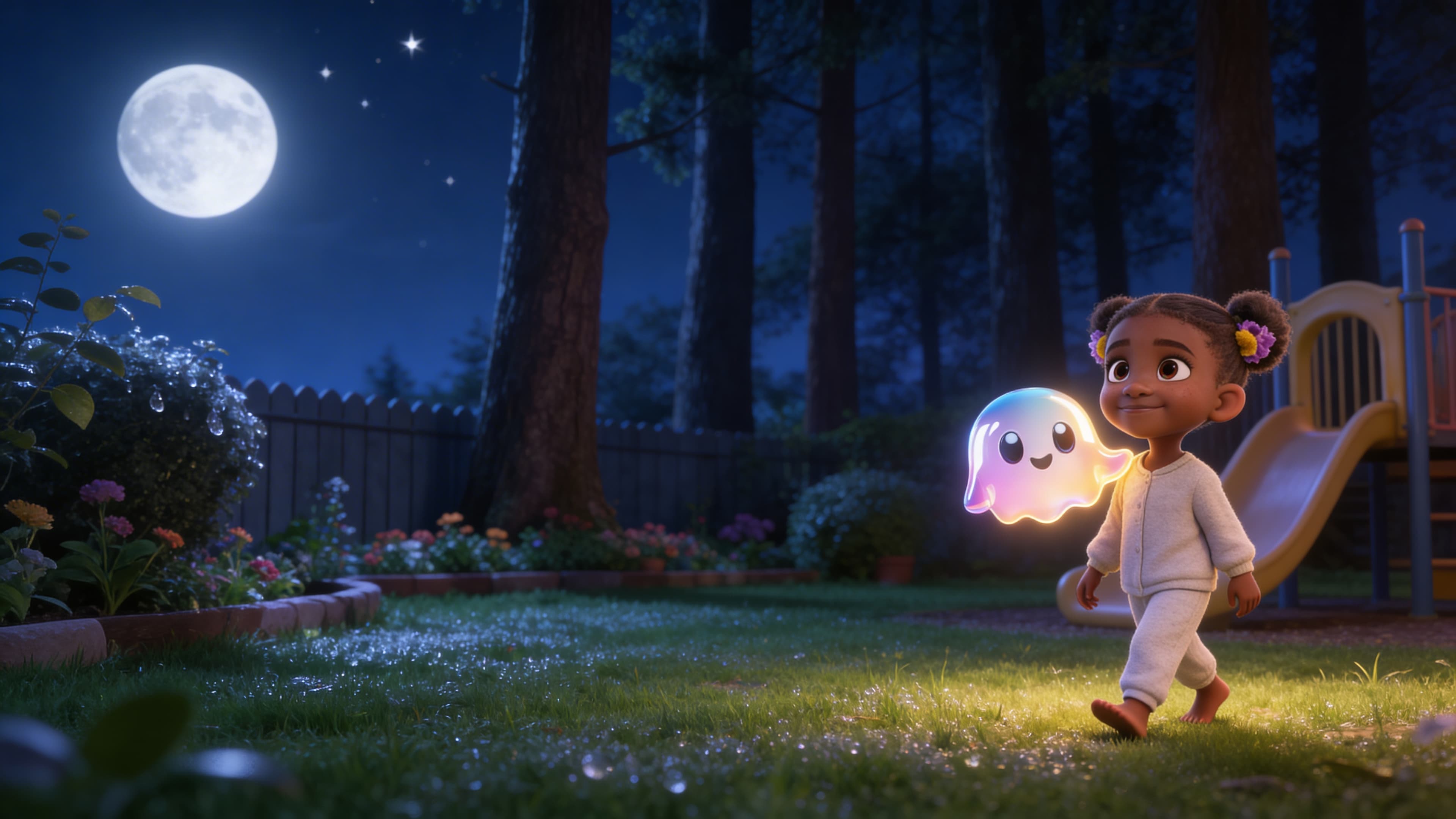 A moonlit garden with a silver slide gleaming under starlight