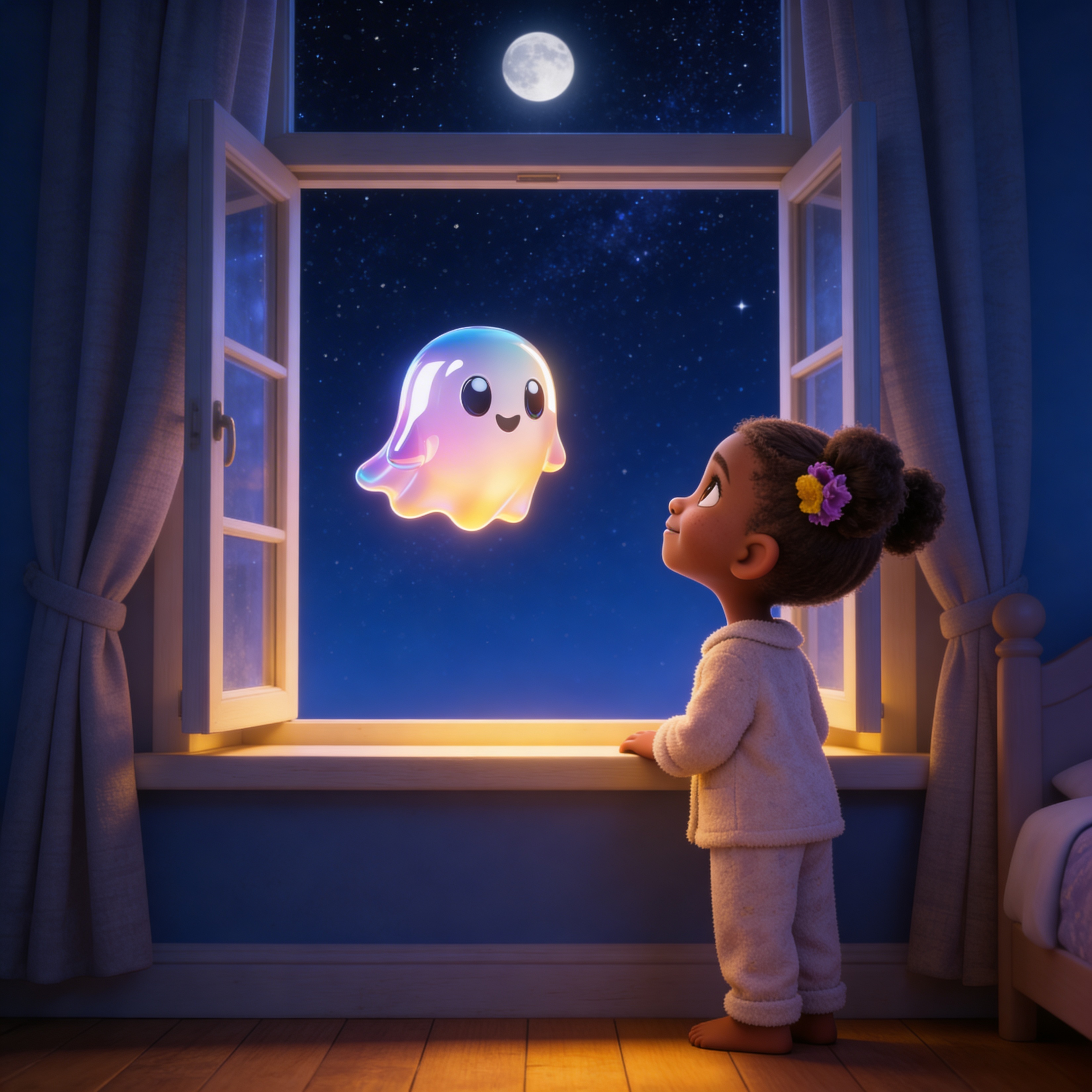 A child at a window gazing out at the night sky with a glowing ghost friend