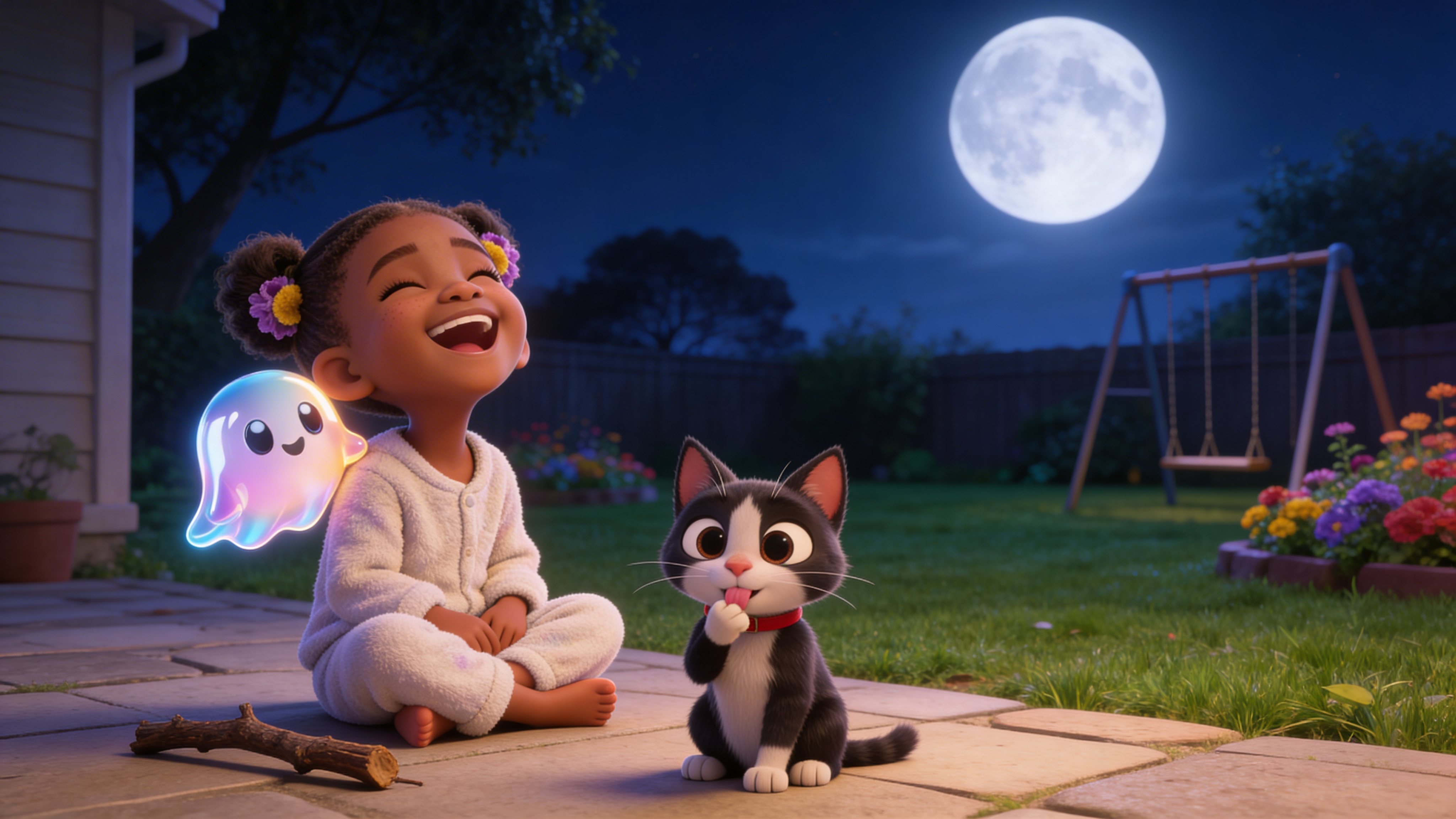 A child laughing joyfully with a ghost friend and a cat