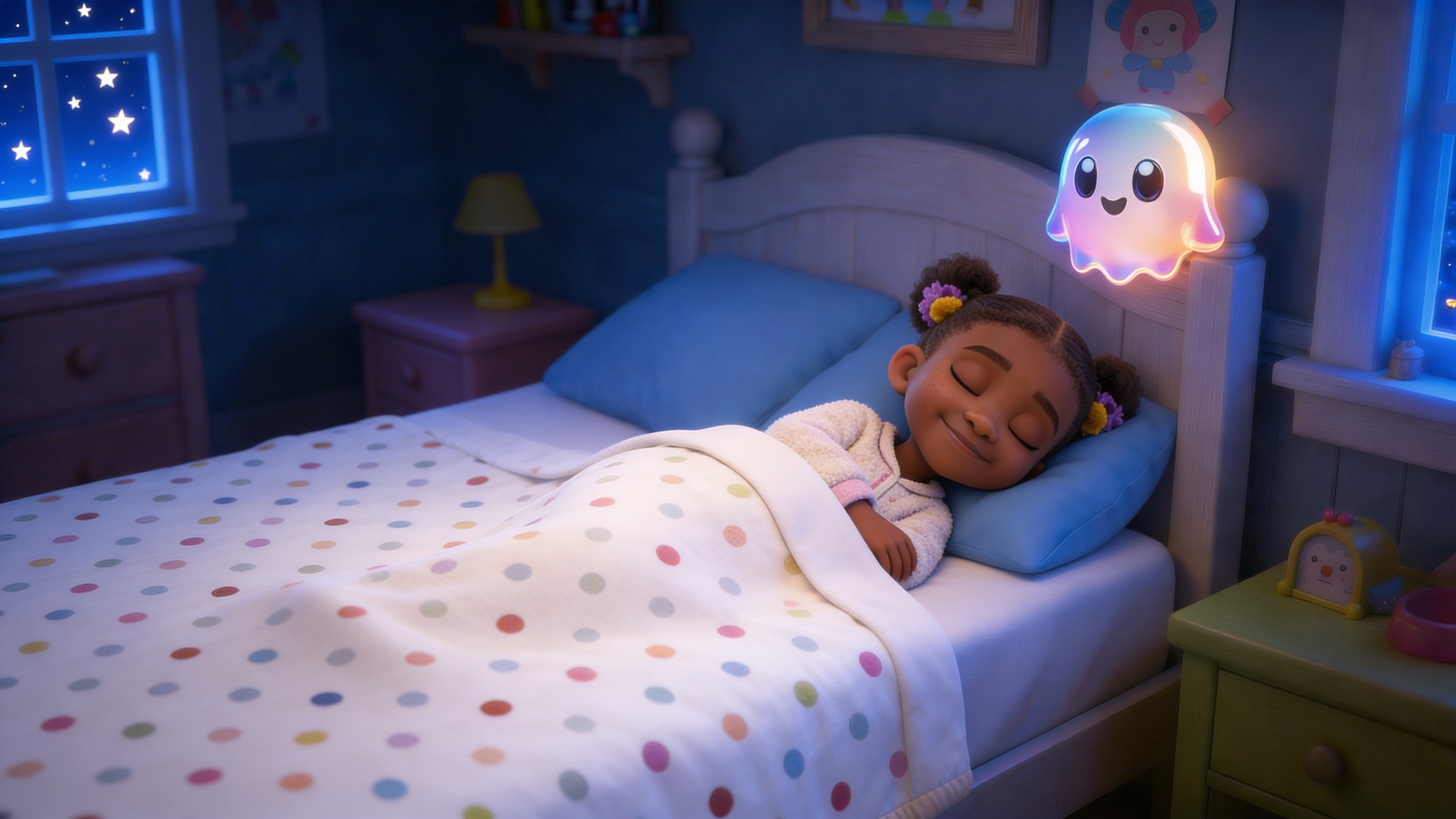 A child sleeping peacefully with a gentle glow nearby