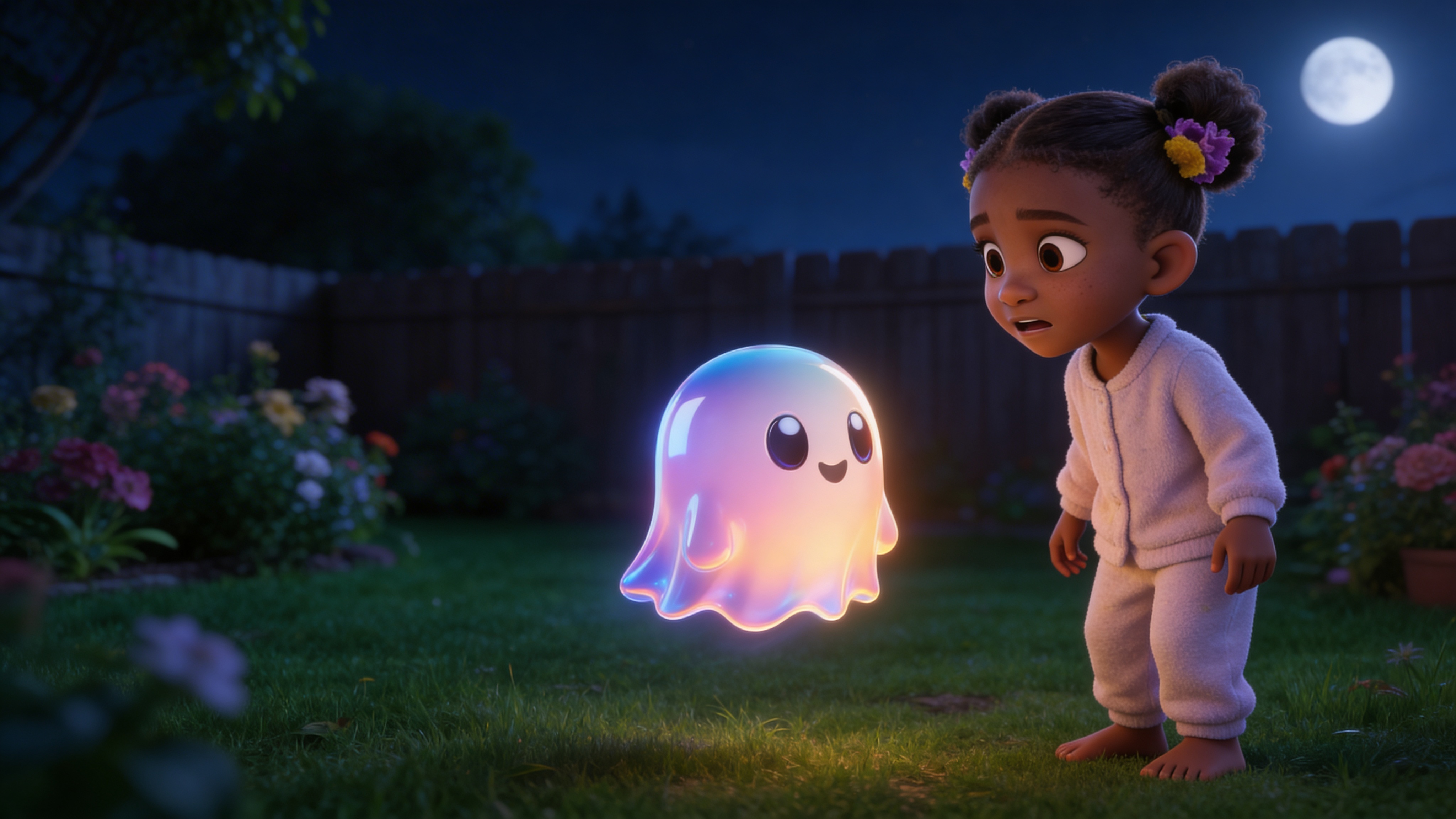A child and glowing ghost in a garden at night
