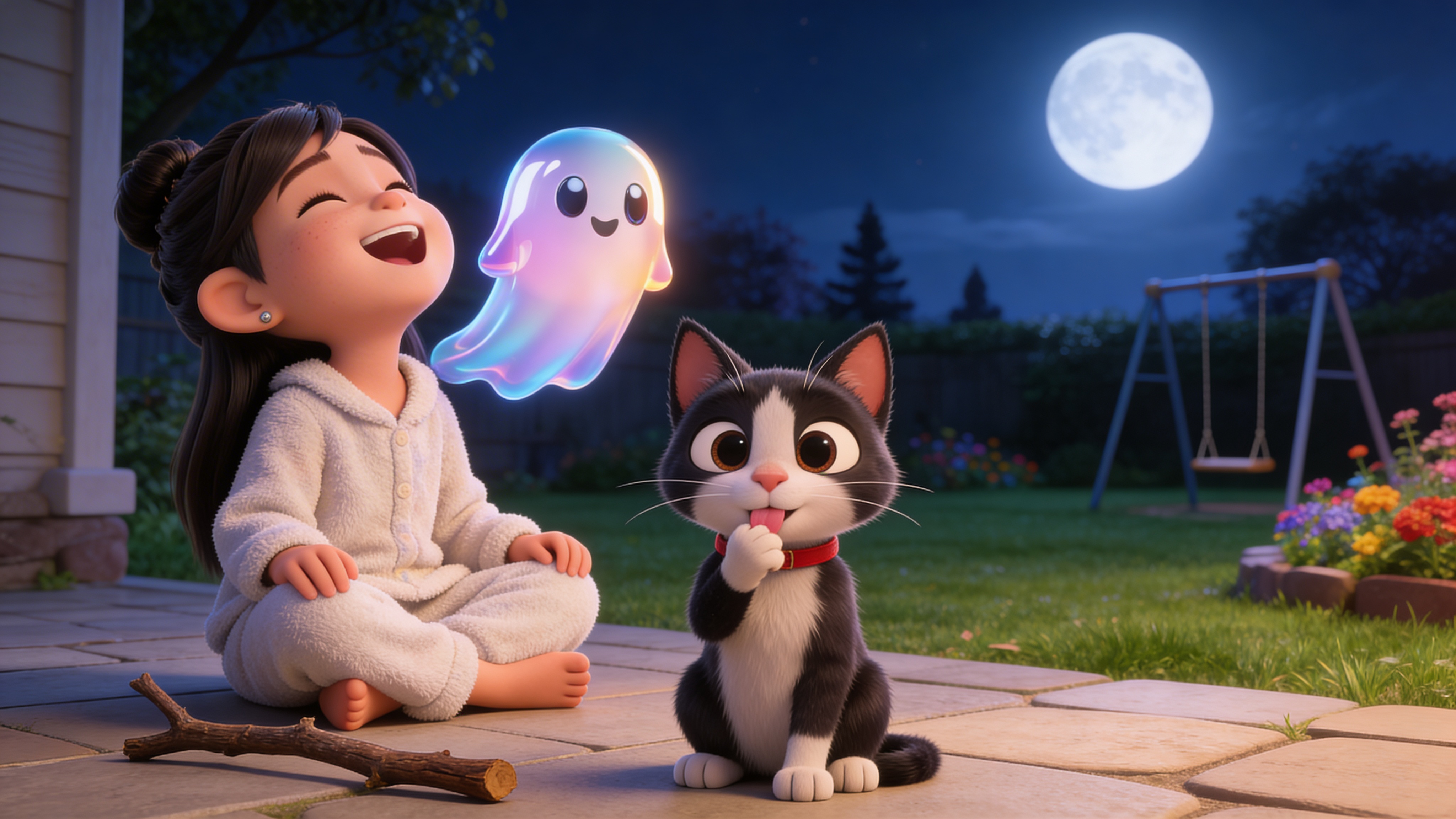 A child laughing joyfully with a ghost friend and a cat in the garden