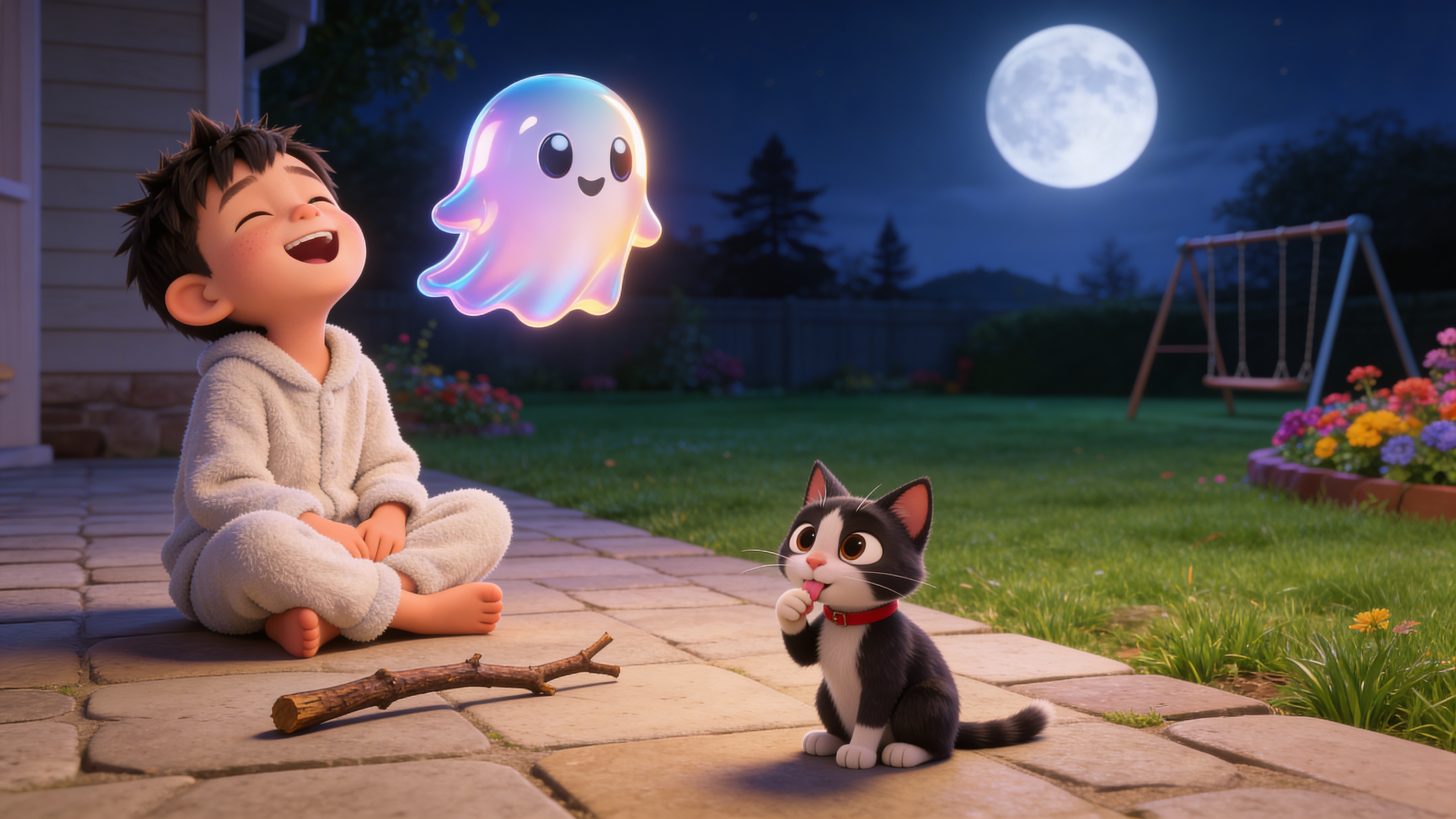 A child laughing with a ghost friend and a playful cat