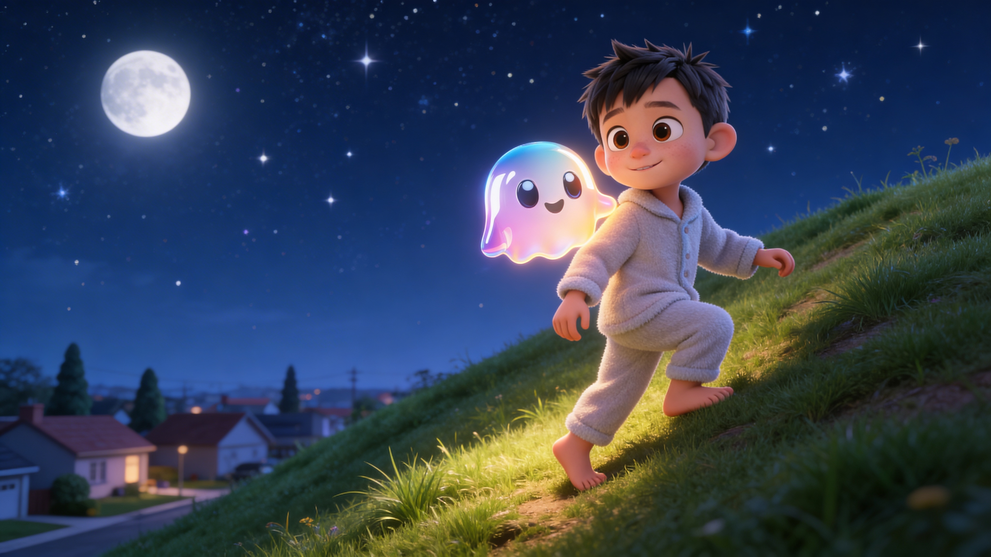 A child on a hilltop under a sky full of stars with a glowing companion