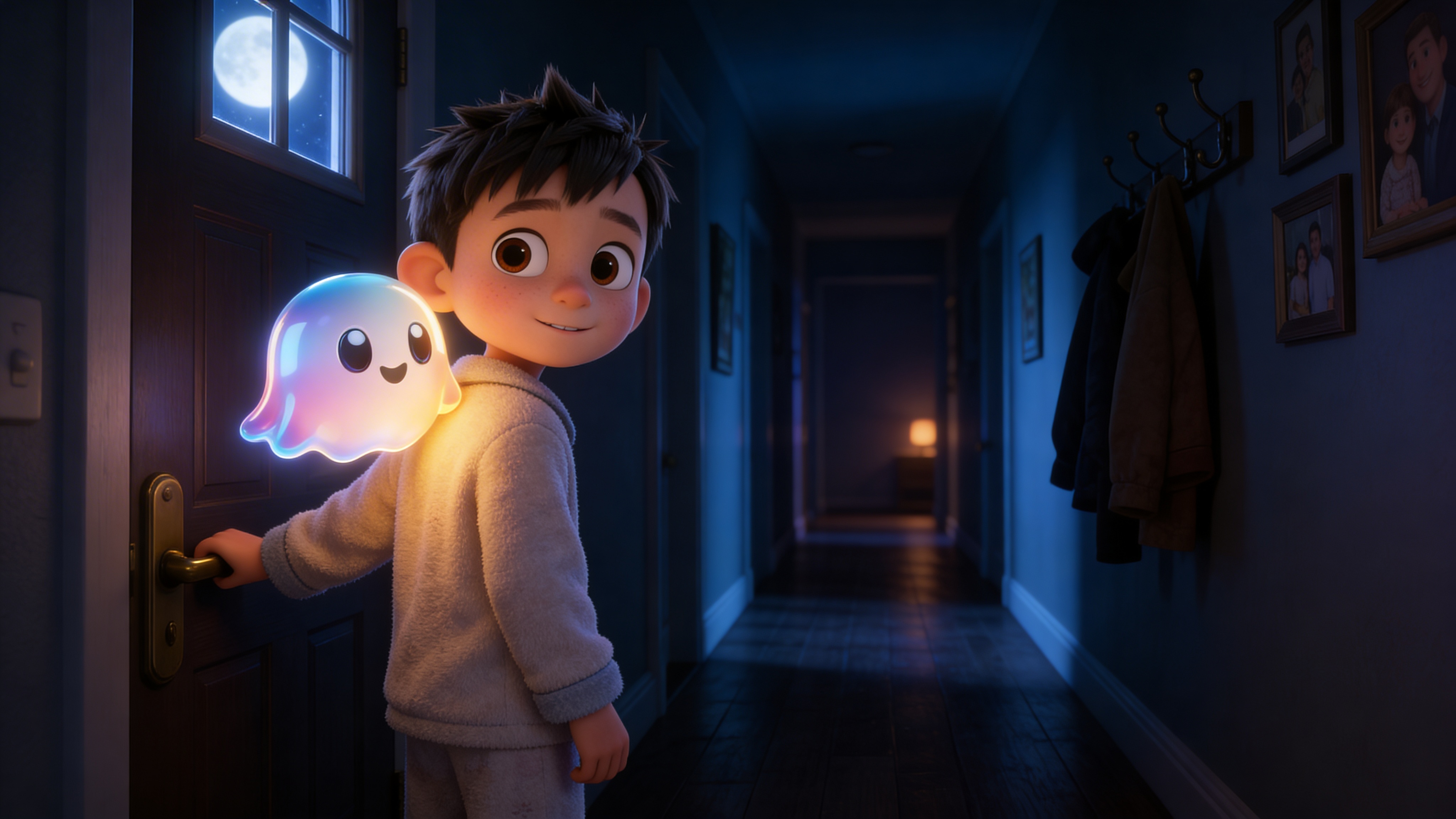 A child at the bedroom door at night with a glowing ghost companion