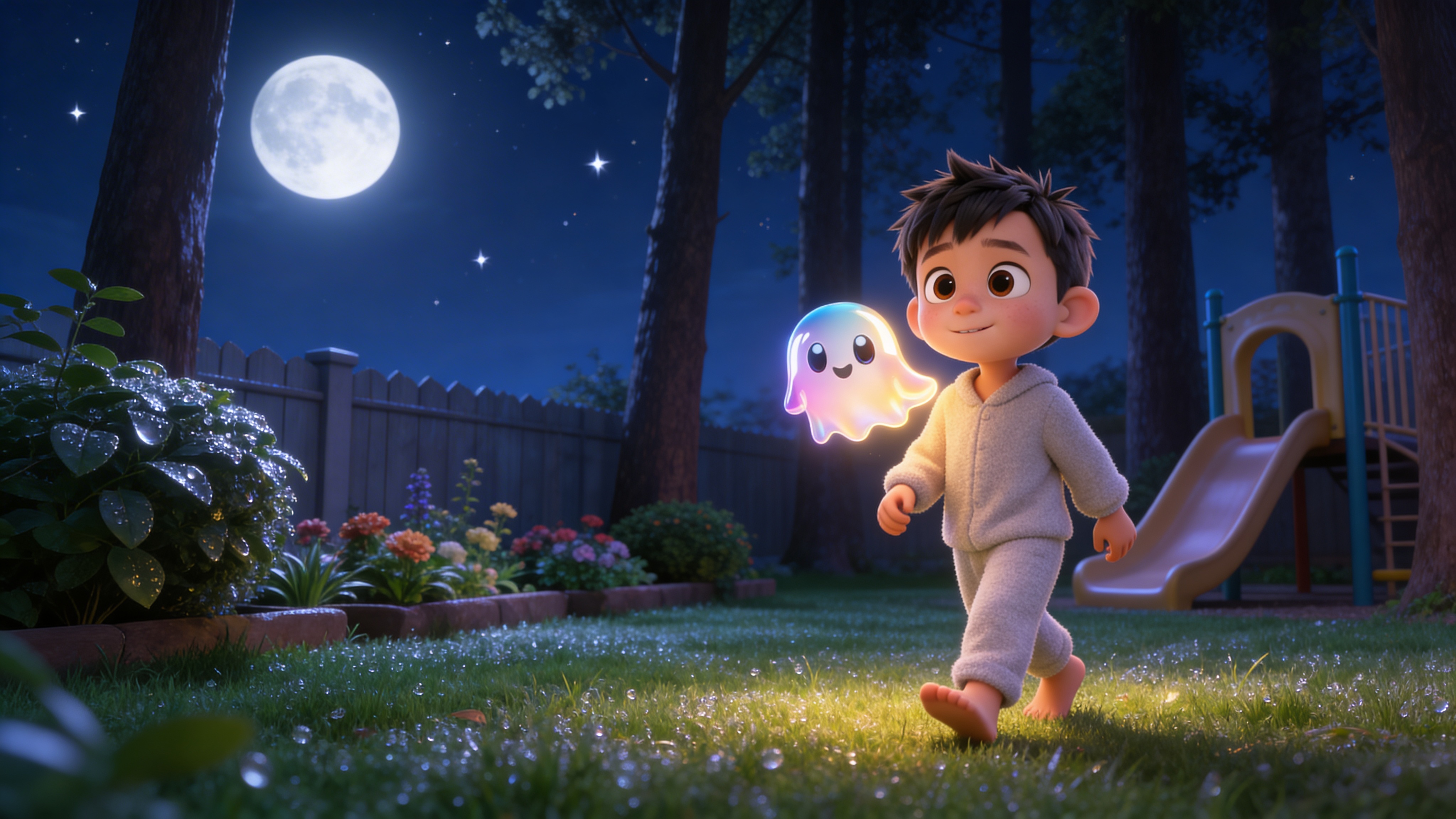 A child and glowing ghost exploring a garden together at night