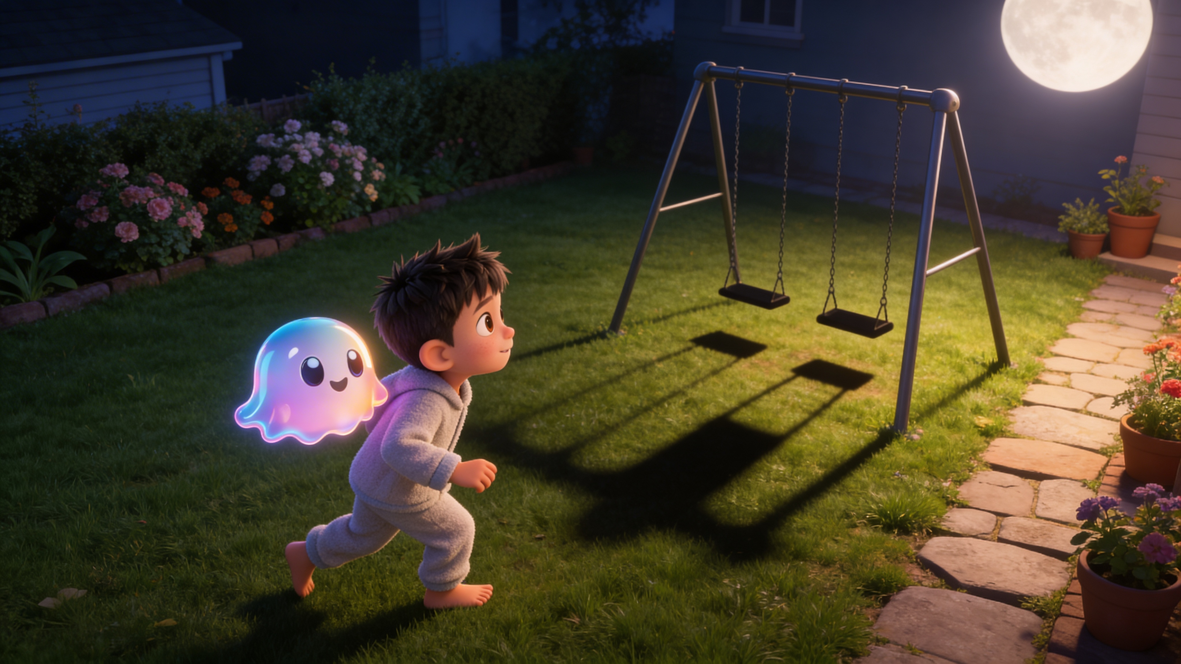 A child exploring a moonlit garden with a friendly glowing companion