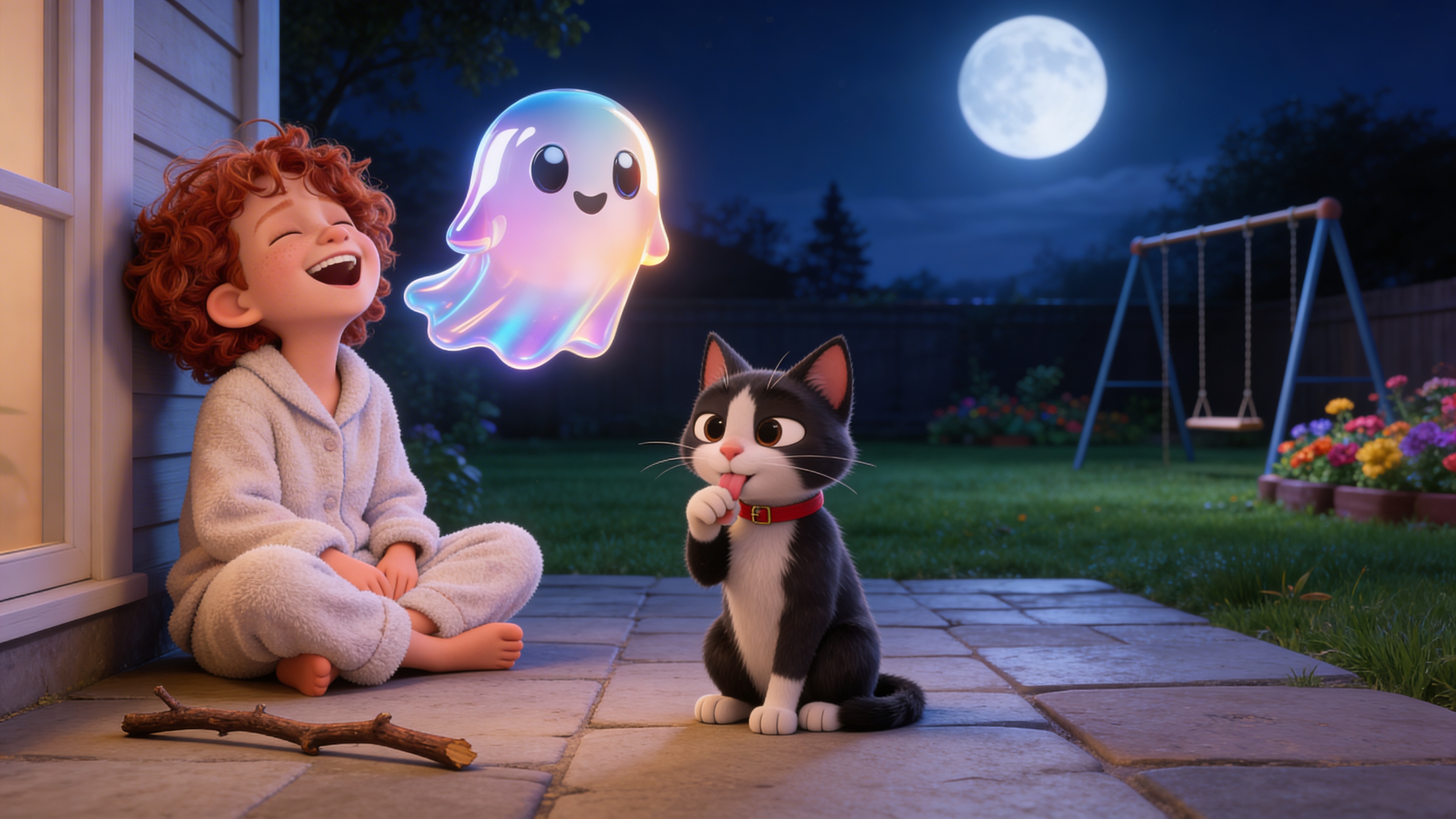 A child laughing with a ghost friend and a cat on the patio