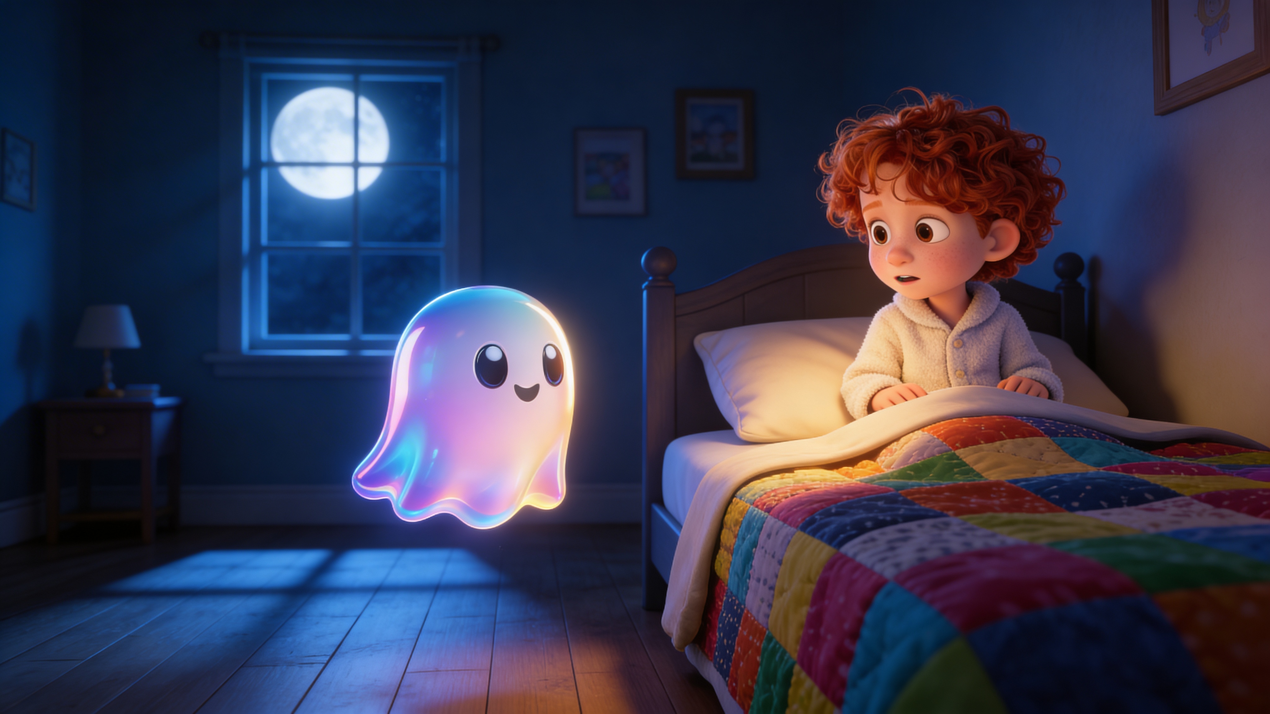 A child smiling in a bright sunlit bedroom