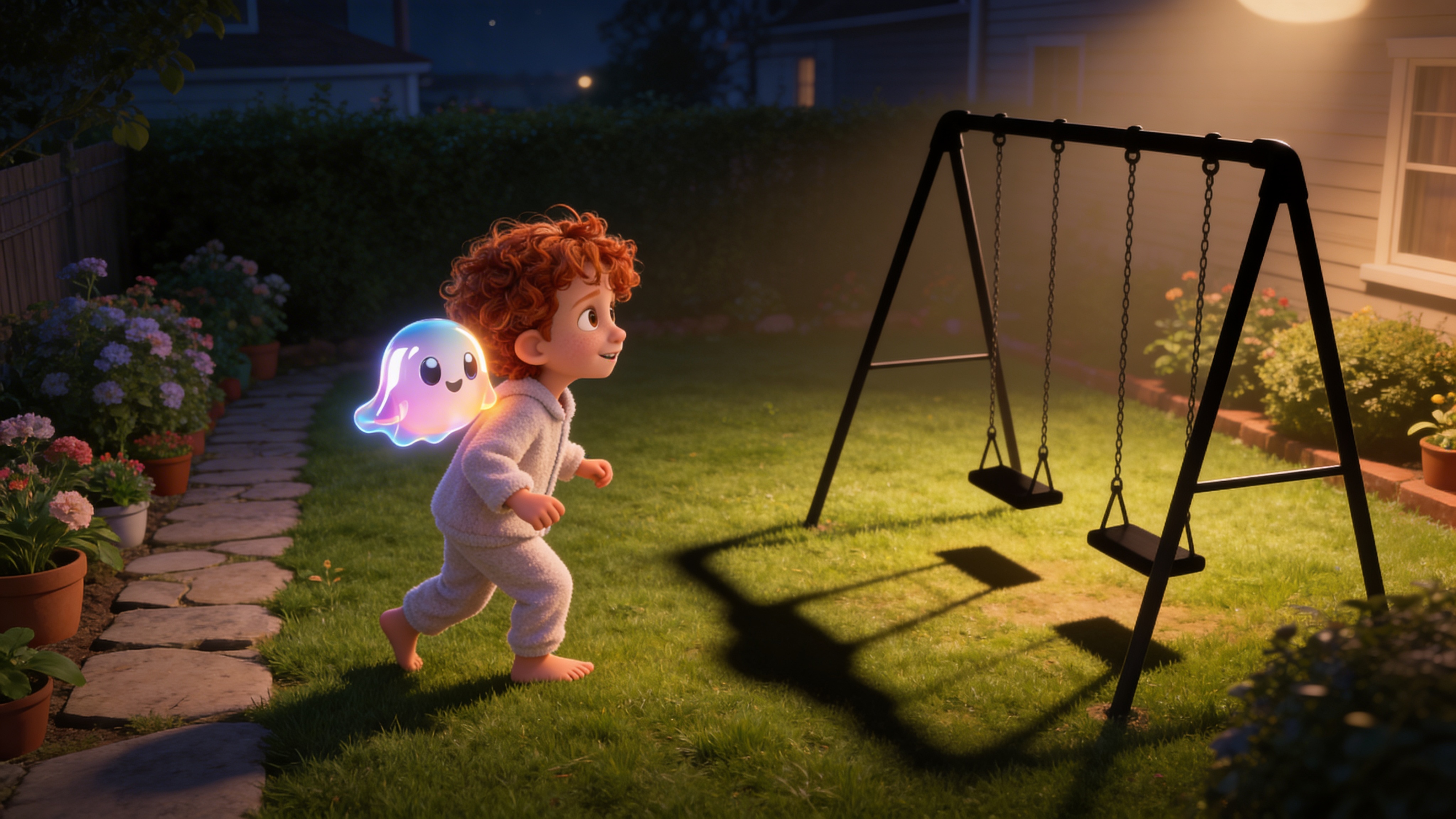 A child and ghost companion exploring a garden together at night