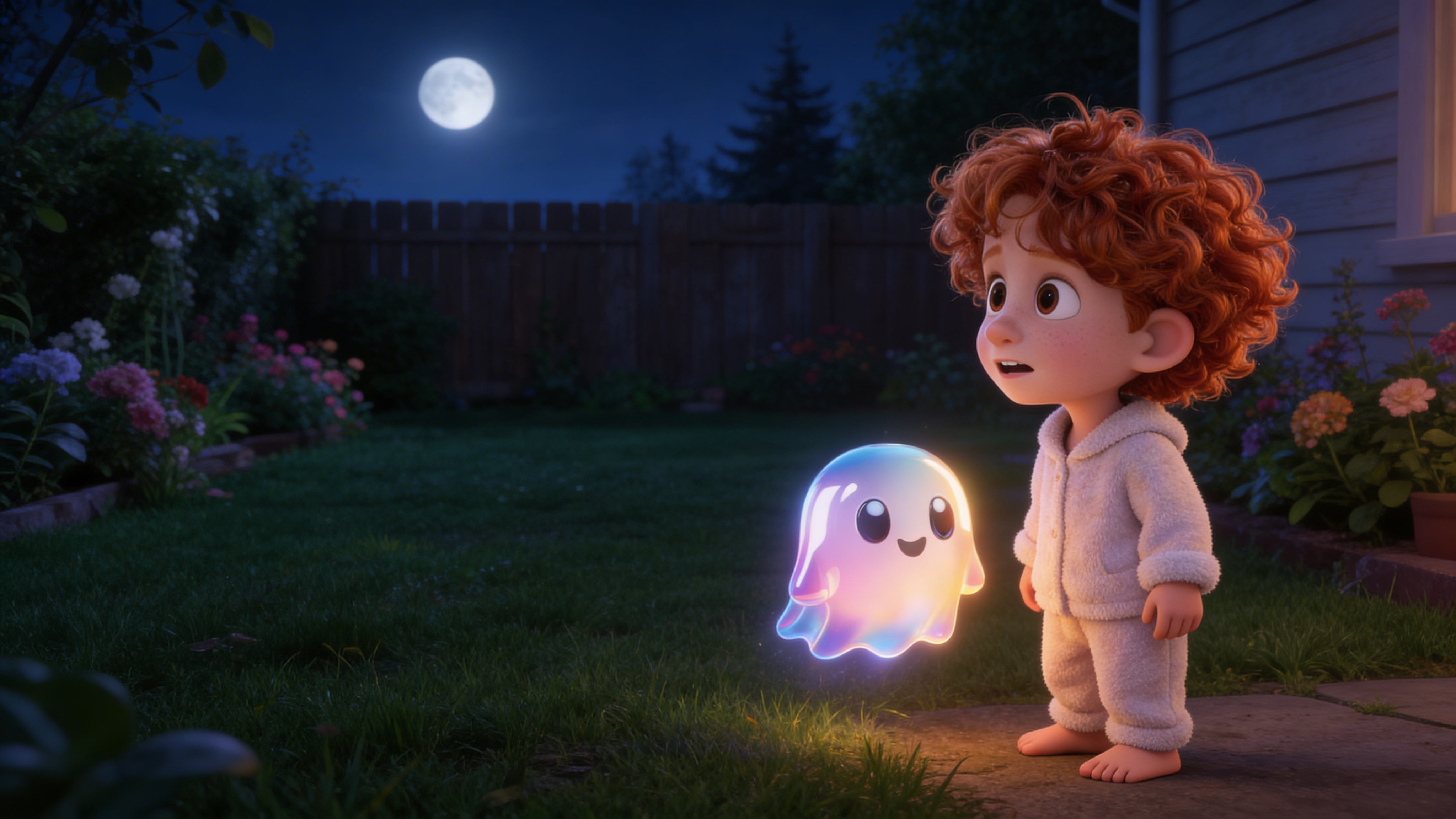 A child and glowing companion exploring a garden path at night