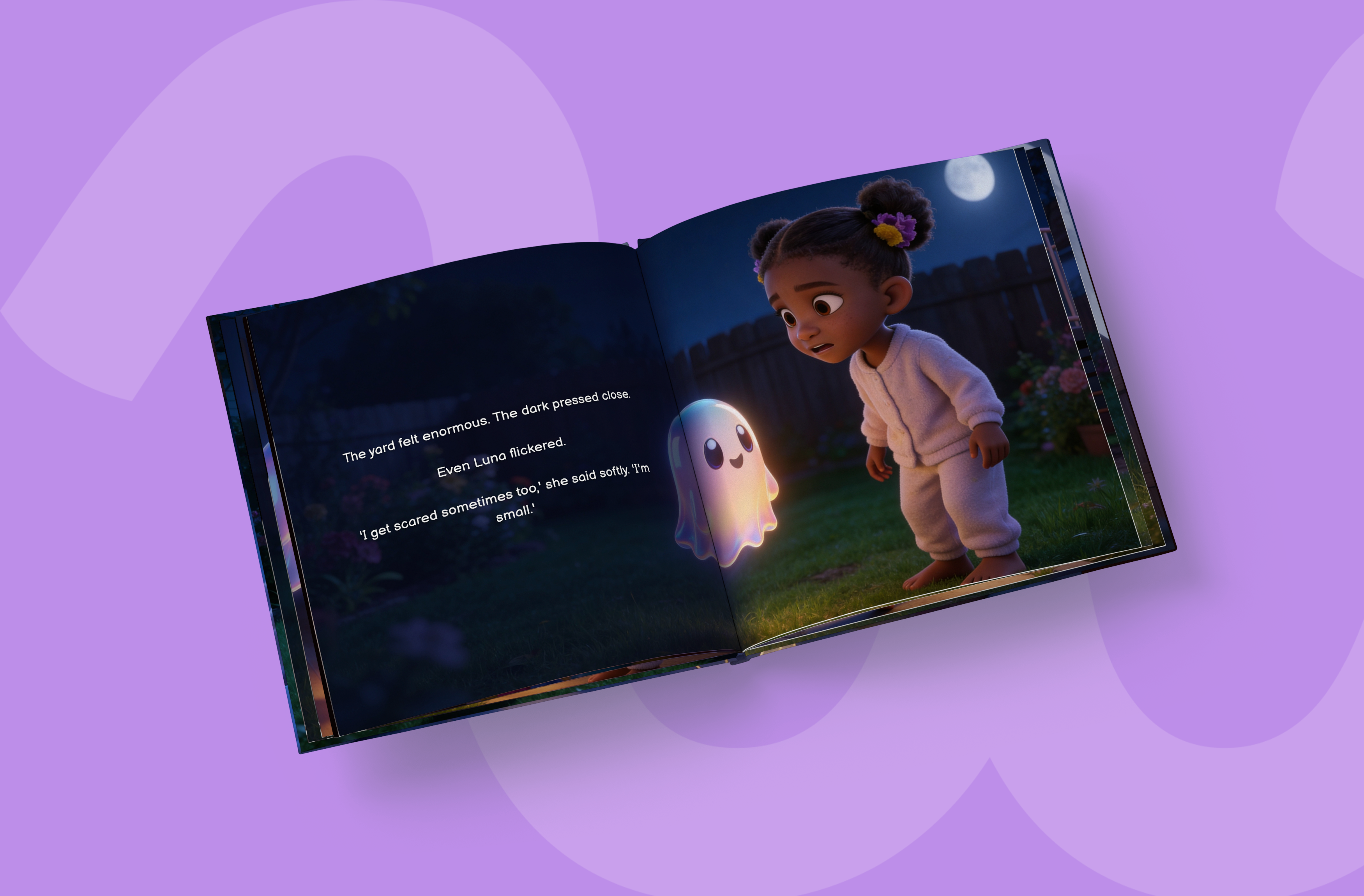 An open personalised storybook showing a bedtime adventure